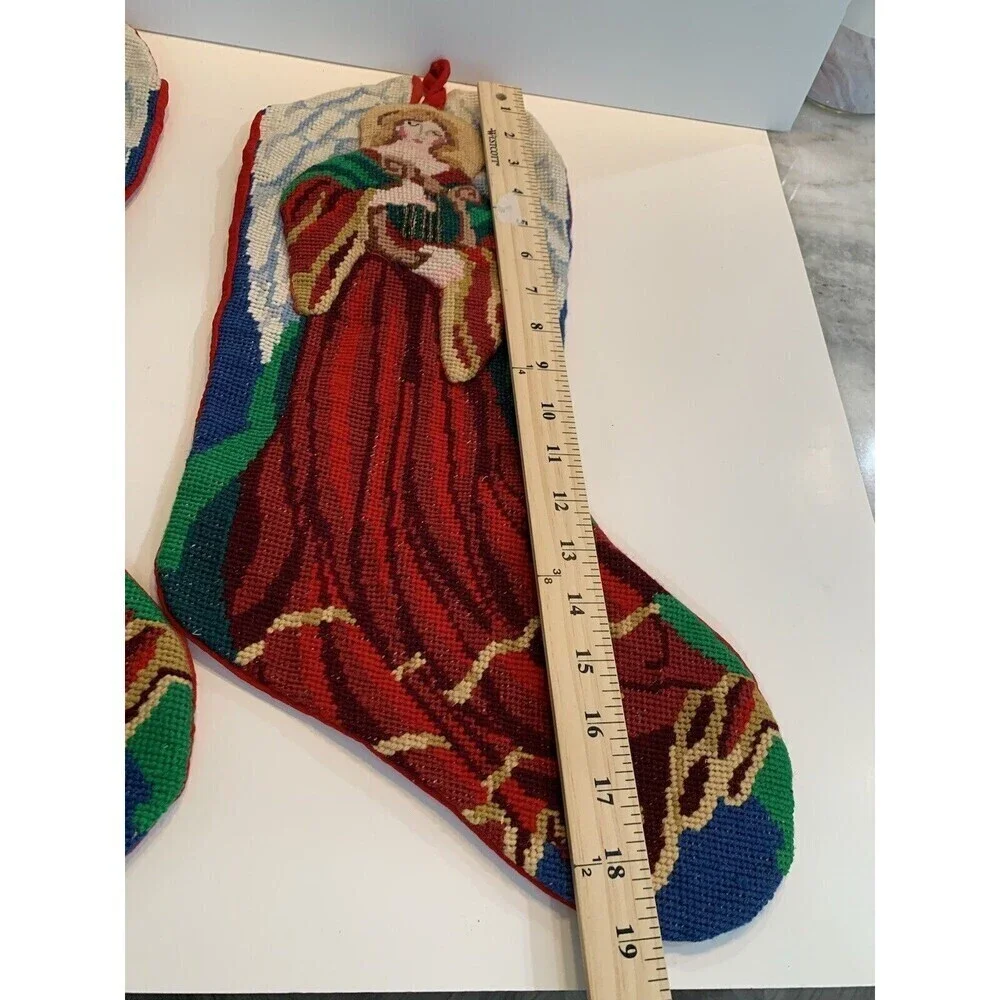 Vtg Needlepoint Christmas Stockings Red Velvet Angel Handmade Set 2 Christmas
